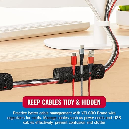 Velcro Brand Cord Organizer for Desk & Nightstand, Stocking Stuffers for Adults, 5 Cable Slots with Sleeve Routing, Adhesive Wire Holder for Cord Management, Home, Office & Gaming, Black 2 Pack