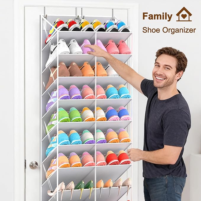 30 Pairs Over the Door Shoe Organizer, Clear Pockets Hanging Shoe Storage for Closet, 10-Tier Door Shoes Rack Storage Fit All the Family's Sneakers, Boots, Heels, Light Grey