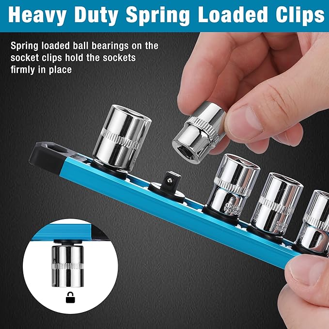 WORKPRO Magnetic Socket Organizer, 1/4-Inch Drive Aluminum Alloy Socket Rail, Heavy Duty Socket Holder, Socket Rack Kit 1/4-Inch x 12 Clips Sky Blue (Socket not Included)