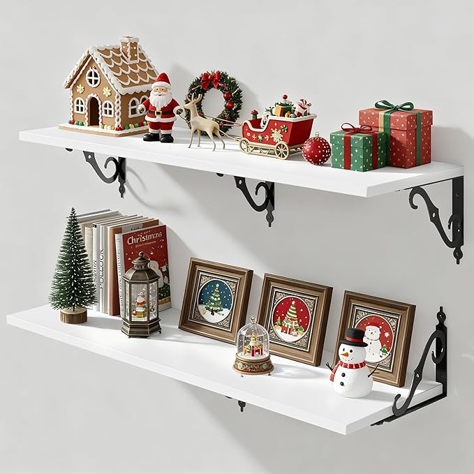 Fun Memories 40 Inch Floating Shelves Wall Mounted, 12 Inch Deep Wall Shelves with Bracket, Rustic Hanging Bookshelf, 40" Bookshelves for for Living Room, Kitchen and Bedroom, White, Set of 2