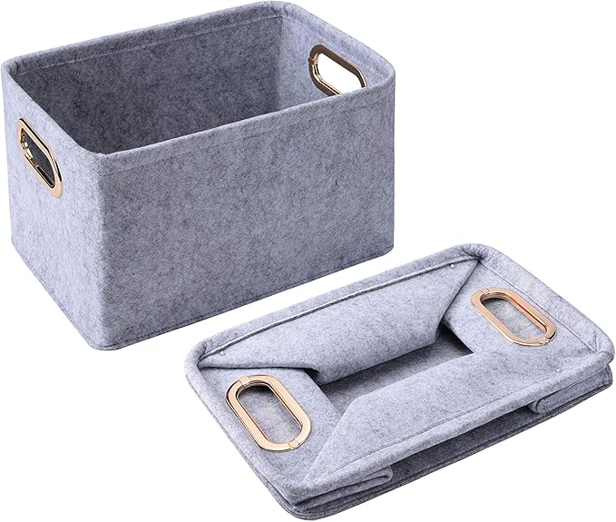 Collapsible Storage Bins Foldable Felt Fabric Storage Basket Organizer Boxes Containers with Handles Metal Handles for Nursery Toys,Kids Room,Clothes,Towels,Magazine