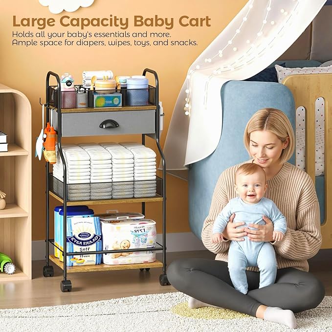 3-Tier Baby Diaper Caddy Cart Organizer with Drawer,Rolling Utility Cart & Bedside Nursery Essentials Cart for Newborn Baby Stuff, 2+1 Dividers, Baby Storage Organizer for Bedroom,Changing Table,Grib