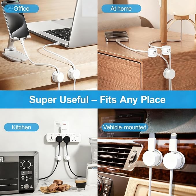 6pcs Magnetic Cord Organizer, 360° Swiveling Adhesive Cable Clips - Compact Cord Holder for Nightstand, Desk, Car, Kitchen & Home Office - Charger Holder Management Solution by MarLigavid (White)