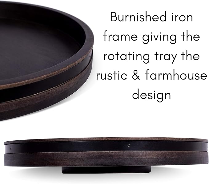 BIRDROCK HOME Wooden Lazy Susan Turntable - Spice Rack Organizer for Kitchen Table, Dining, Pantry and Countertop - Rotating Tray for Condiments - with Burnished Iron Accents - 18" Large, Black