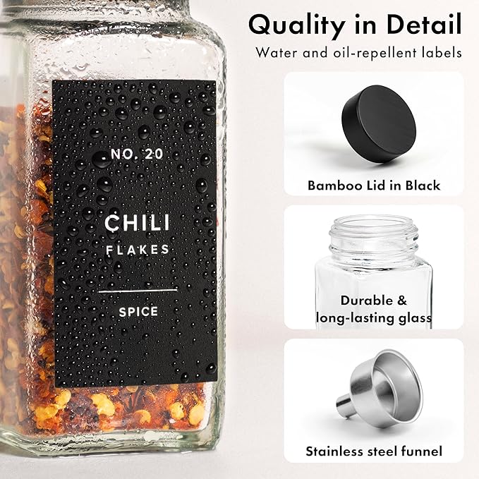 Square Spice Jars with Black Bamboo Wooden Lid (Pack of 24) Spice Jars with Shaker Insert and 240 Labels - Bamboo Lid Glass Container for Spice Organisation [4.3 in × 1.8 in]