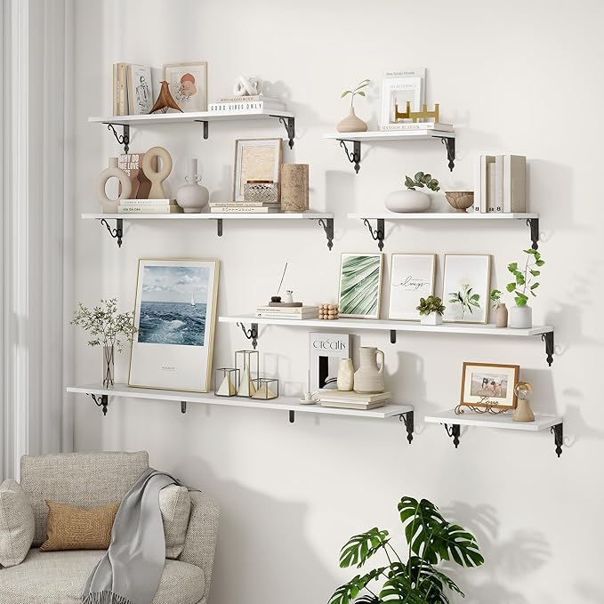 Fun Memories Large Floating Shelves for Wall 48 Inches Long, 8 Inch Deep Shelves with Metal Bracket, 48 Inch Floating Shelves Wall-Mounted, Wide Display & Storage Bookshelves, White, Set of 2