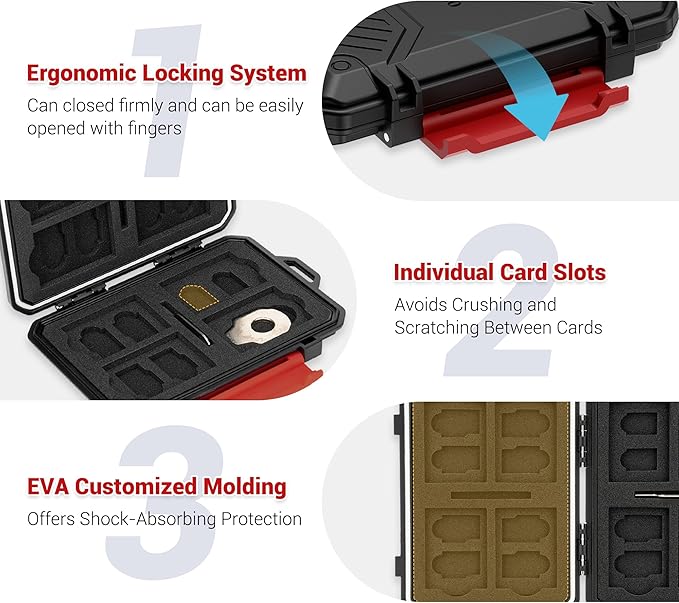 IP67 Waterproof Memory Card Case, Anti-Shock Memory Card Holder for 8 SD SDHC SDXC Cards,4 Micro SD SDHC SDXC TF MSD Cards,4 CFexpress Type-A CFA,2 Nano SIM Storage Carrying Case - Black
