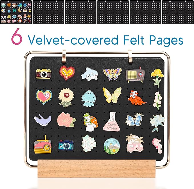 Pacmaxi Pin Display Organizers, Brooch Pin Holder, Enamel Pin Display Pages for Store 180+ Pins, Pin Collection Storage Calendar Wooden Stand with 6 Pages (Not Include Any Accessories) (Color)