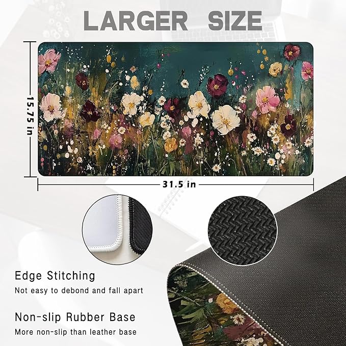 Vintage Wildflower Large Mouse Pad 31.5x15.7inch, Retro Floral Large Extended Computer Desk Mat Mousepad for Keyboard and Mouse, Floral Desk Accessories