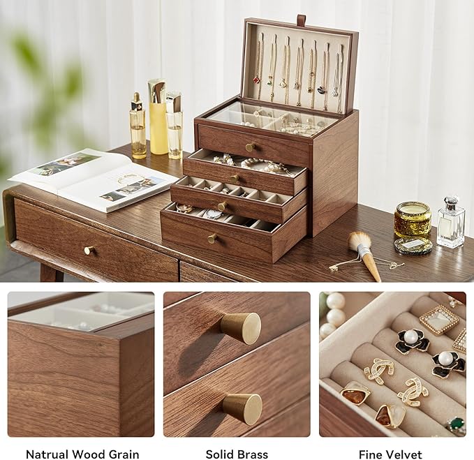 Black Walnut Wooden Jewelry Box for Women 4 Layer with Glass Lid and Pull-out Necklace Storage Layer Watch Necklace Ring Earring Storage,Christmas Gifts