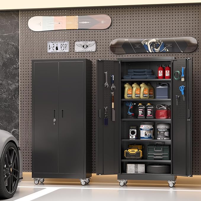 Metal Garage Storage Cabinet with Wheels & Pegboard, Lockable Metal Storage Cabinets with 2 Doors&5 Adjustable Shelves for Garage&Home,Assembly Required,Black 71''H x32''W x16''D