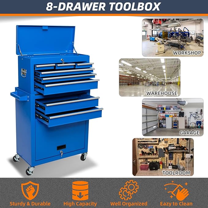 8-Drawer High Capacity Rolling Tool Chest, Removable Cabinet Storage Tool Box with Wheels and Drawers, Detachable Toolbox with Lock for Workshop Mechanics Garage