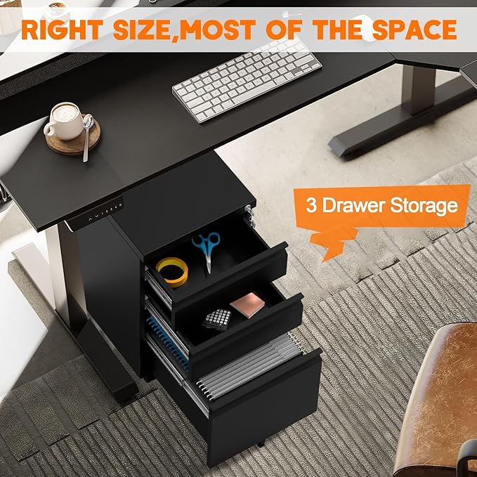 3 Drawer File Cabinet with Lock, Under Desk Metal Mobile Filing Cabinet with Wheels, Small Storage Cabinet for Home Office, Organizer for Letter/Legal/A4 Files, Rolling File Cabinet