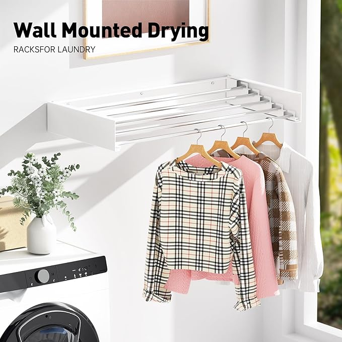 Wall Mounted Clothes Drying Rack, Extending Laundry Rack, Wall Mount Laundry Drying Rack Folding Indoor, 60lbs Capacity (5 Drying Rods, White 31.5")