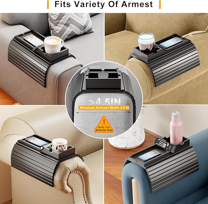 Couch Armrest Table, Sofa Arm Tray with Detachable Couch Cup Holder - 2 in 1 Anti-Slip Foldable Sofa Armchair Caddy Table for Drinks Cellphone TV Remote Snacks (Black)