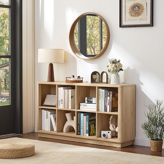 8 Cube Storage Book Shelf, 52" Long Horizontal Bookshelf with Curved Edge, Floor Standing Wooden Cubby Bookcase with Base, Modern Low Console Book Case, TV Stand for Living Room, Natural Oak