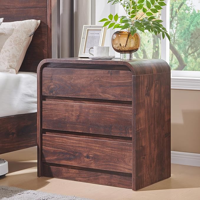 25" Tall Modern Nightstand with Charging Station, 23.6'' Wide Wood Bedside Table w/3 Storage Drawers, Small Dresser w/Curved Profile Design, End Table for Bedroom, Brown