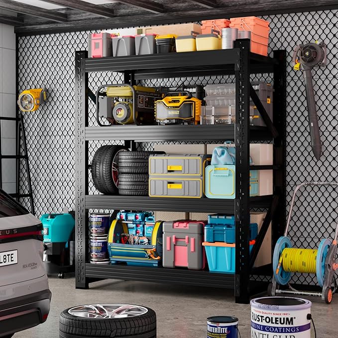 4000LBS Garage Storage Shelves, 47" W Garage Shelving Heavy Duty Adjustable Shelving Unit, 4 Tier Metal Utitly Shelves Industrial Shelving for Warehouses,Basement,Black