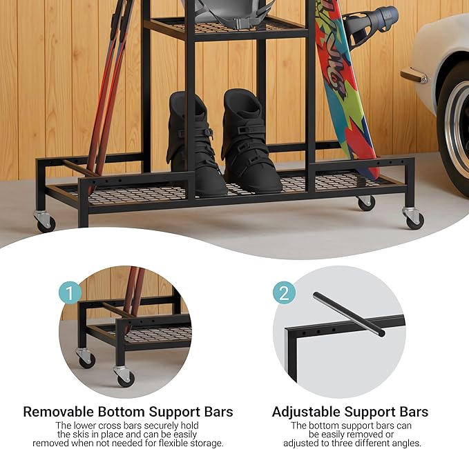 Standing Ski Storage Rack, Holds Snowboards & Skis, 3-Tier Organizer for Gear, Black - Ski Rack for Garage