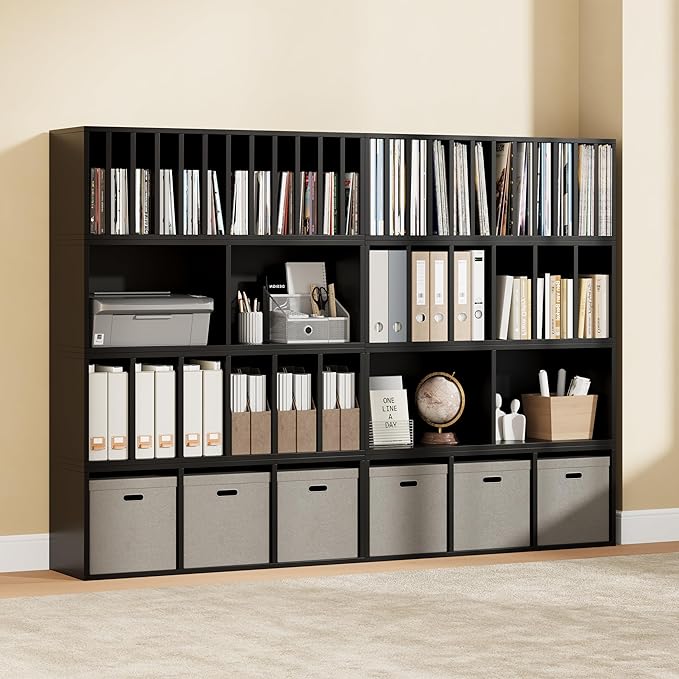 IOTXY DIY Modular Cube Bookcase - CubeXY Customizable Stackable Expandable Combination Set, 23-Cube Open Bookshelf for Books, Fabric Storage Bin, and Vinyl Record Organizer, Black