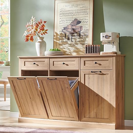 Triple Tilt Out Trash Can Cabinet, 20 Gallon Farmhouse Laundry Hamper Cabinet w/3 Drawers & Adjustable Shelf, Hidden Wooden Trash Can Cabinets with Storage Basket for Kitchen (Natural)