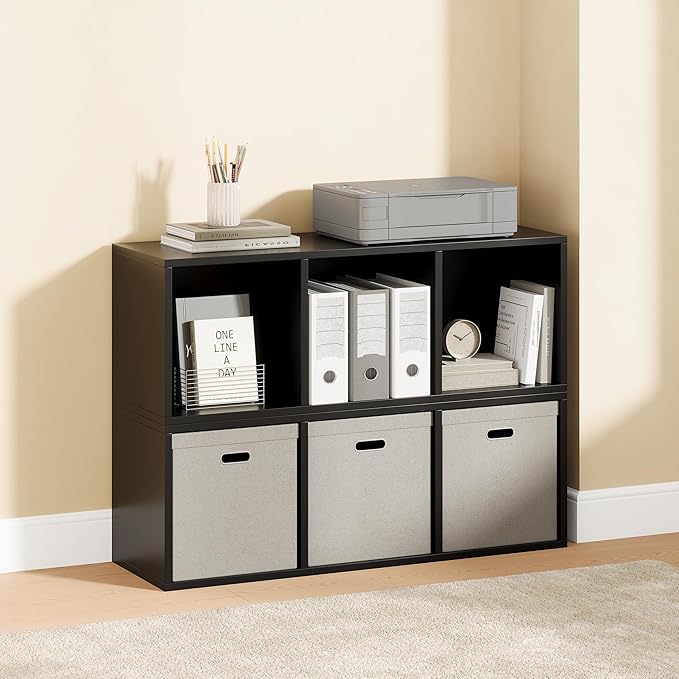 IOTXY DIY Modular Cube Bookcase - CubeXY Customizable Stackable Expandable Basic Shelving Units, 3-Cube Wooden Open Bookshelf for Fabric Storage Bin Organizer, Black
