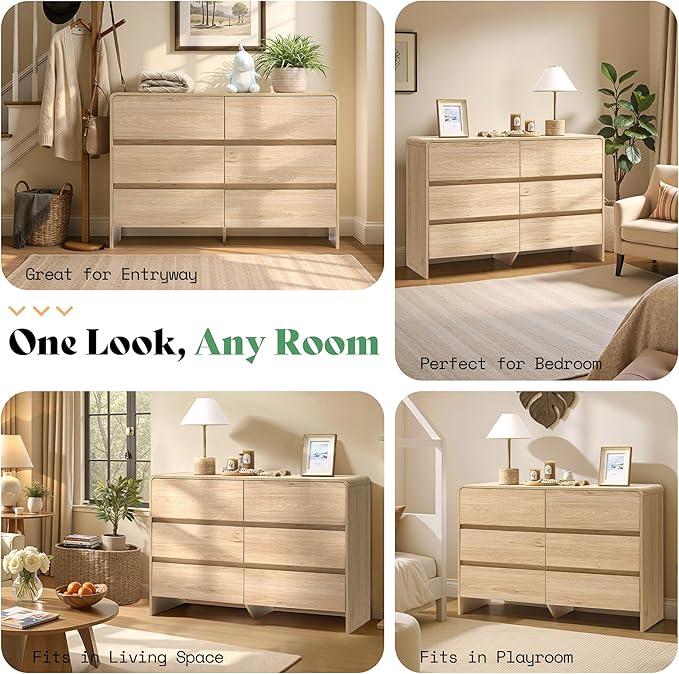 AMERLIFE 6 Drawer Dresser for Bedroom, 49" Long Modern Chest of Storage Drawers with Rounded Corners, Anti-Tip Kit, Wood Cabinet Organizer for Closet, Apartment, Nursery, Easy Assembly, Light Oak