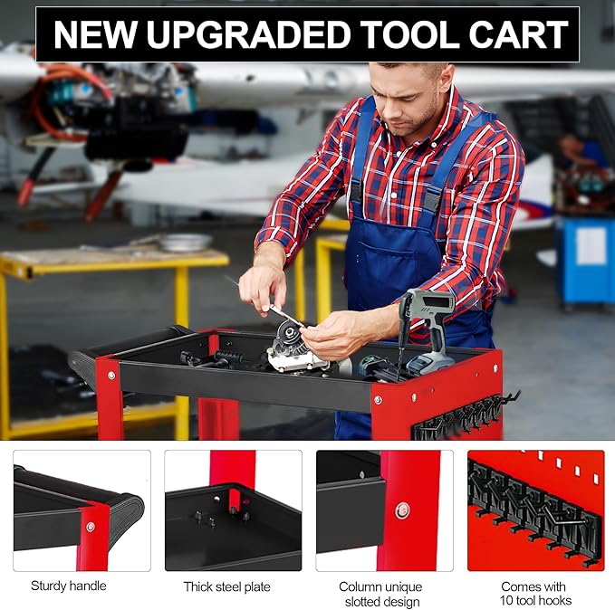 3 Tier Rolling Tool Cart on Wheels, Mechanic Storage Organizer, Rolling Work Cart with Pegboard for Garage, Workshop, Warehouse（Red & Black）