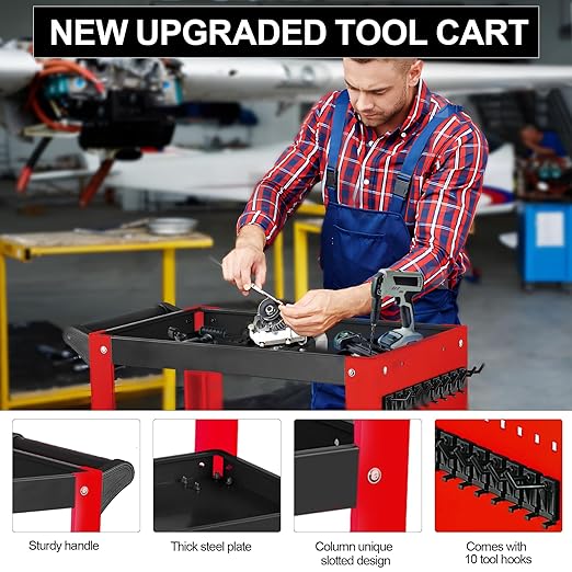 3 Tier Rolling Tool Cart on Wheels, Mechanic Storage Organizer, Rolling Work Cart with Pegboard for Garage, Workshop, Warehouse (Red and Black)