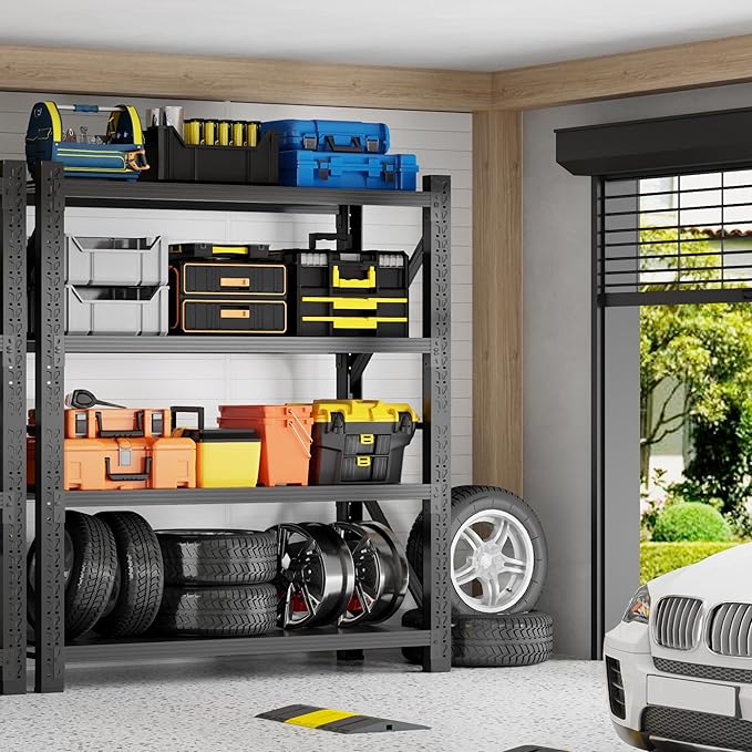 4000LBS Garage Shelving 48" W Garage Shelving Heavy Duty 4-Tier Metal Storage Shelves Adjustable Shelf Unit Storage Rack for Basement Supermarket Warehouse 48" W x 24" D x 78" H Black