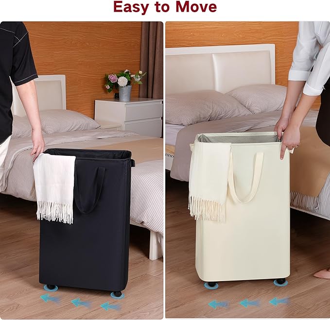 efluky Slim Rolling Laundry Basket for Clothes, Bedroom & Dorm (Black, 75L)