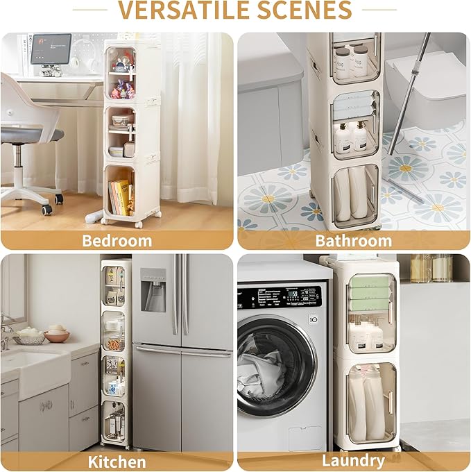 3-Tier Slim Tall Narrow Bathroom Storage Cabinet with Adjustable Shelves and Movable Wheels, Magnetic Doors, Plastic Storage Cabinets and Organizers for Small Space, Cream White