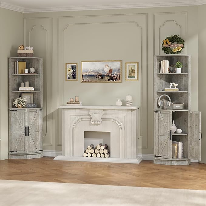 Vabches 64.8" Tall Farmhouse Corner Cabinet, Corner Shelf with 2 Barn Doors & Storage Shelves, Home Space Saver with Storage for Bathroom, Living Room, Entryway, Kitchen, Washed Grey