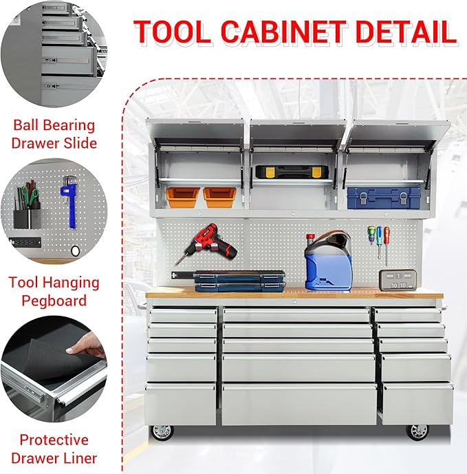CT Copper Tailor 72-inch Rolling Tool Chest with Integrated Power Strip,15 Drawers and Wheels, Garage Workbench with Storage, 3 Upper Cabinets, Pegboard in Stainless Steel