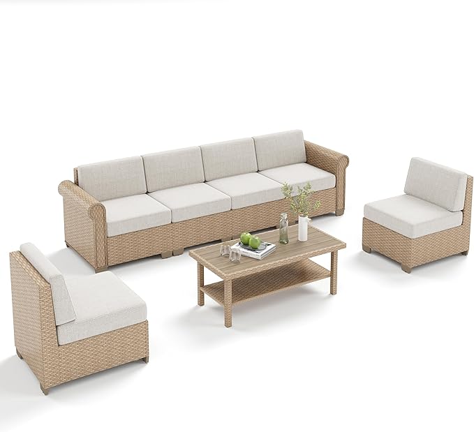 Patio Furniture Set, 7 Piece Outdoor Rattan Wicker Sectional Conversation Set with 5.5" Thick Waterproof Cushions and Coffee Table for Deck Backyar