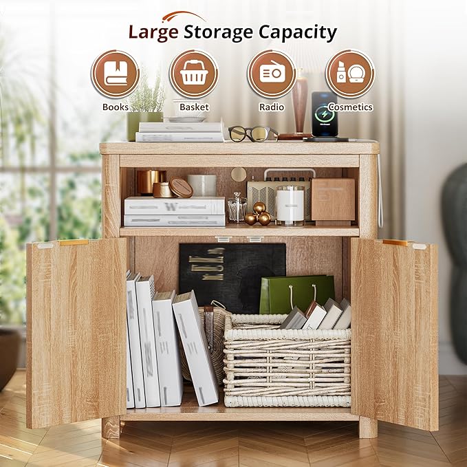 Fluted Nightstands Set of 2 with Charging Stations, 23.6" Wide Natural Oak Nightstand with Storage Drawers, Side Tables, Modern Farmhouse End Tables for Bedroom, Natural Oak