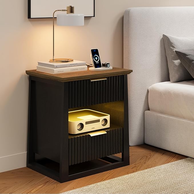 HIFYOBRO Fluted Nightstands with Charging Station & Motion Sensor Light, Modern Bedside Tables with 2 Drawers and Storage Shelf for Bedroom, Black