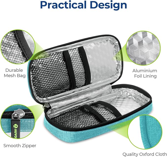 AUVON Insulin Pen Cooler Travel Case with 2 x 90g TSA Approved Ice Packs, Diabetic Medication Insulated Cooling Bag for Insulin Pens and Diabetic Supplies Storage