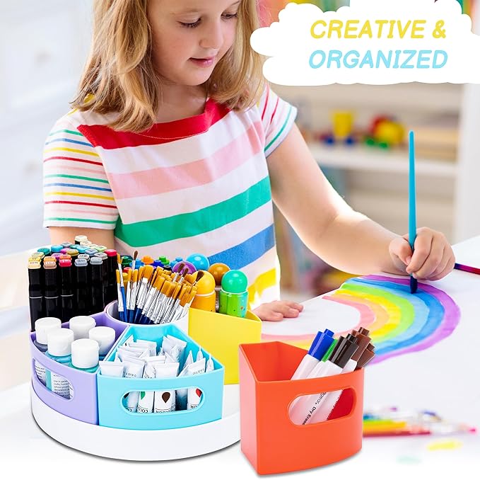 Art Supply Organizer, Extra Large 360° Pencil Caddy with 7 Removable Compartments for Kids, Rainbow Stationary Marker Organizer for Home, School, and Classroom