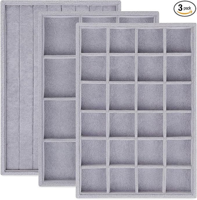 Rocutus Jewelry Trays,3 Pack Stackable Velvet Jewelry Organizer Tray Drawer Jewelry Storage Tray,Divided Ring Organizer Tray for Earrings, Necklaces, Bracelets,13.8"x9.5"x1.2" (Grey)