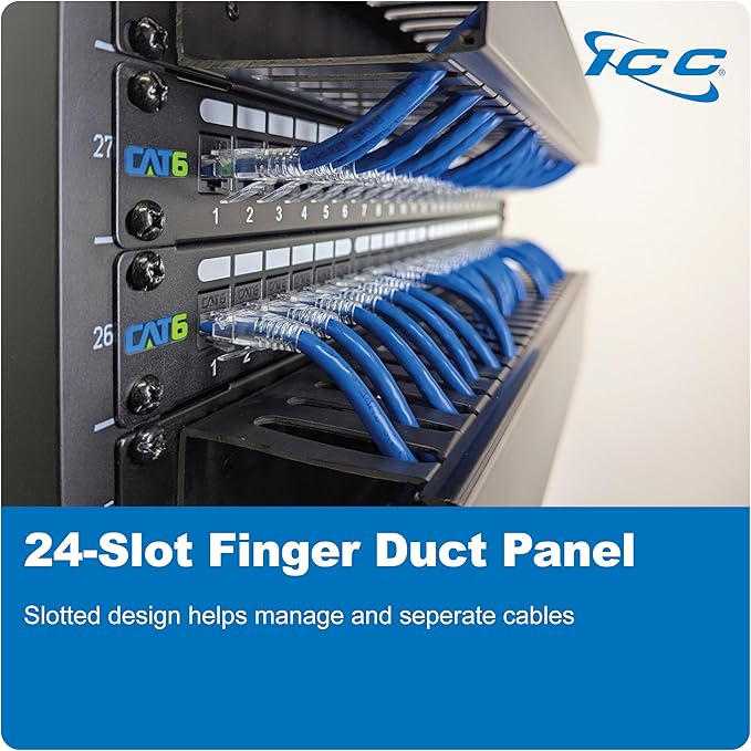 ICC 2U Finger Duct Cable Manager Panel with Cover, Plastic with Metal Back Frame, 3" Depth, Horizontal Cable Management, Rackmount for 19” Network Racks, Black, Single Pack