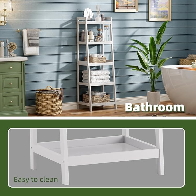 Bookshelf, 5 Tier Ladder Bookcase with Bamboo Frame, Freestanding Tall Narrow Display Plant Shelf for Living Room, Kitchen, Bedroom, Balcony, White