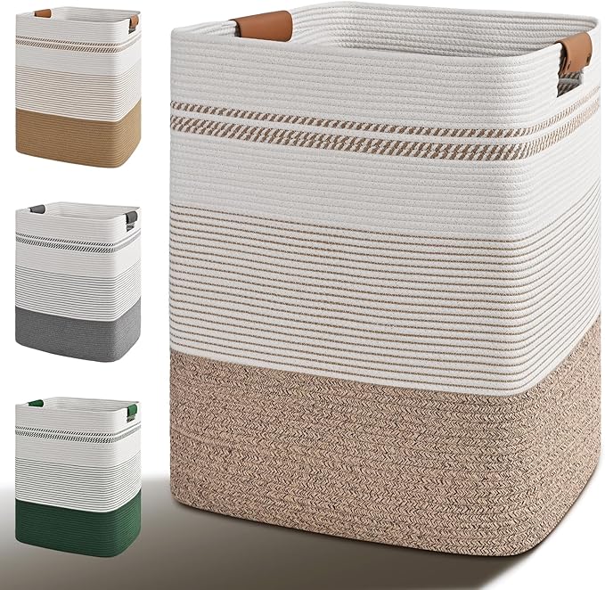 Laundry Hamper, 85L Tall Laundry Basket with Leather Handles, Rectangle Large Clothes Hamper for Organizing, Cotton Woven Laundry Baskets Storage Hampers for Bedroom, Nursery, Living Room