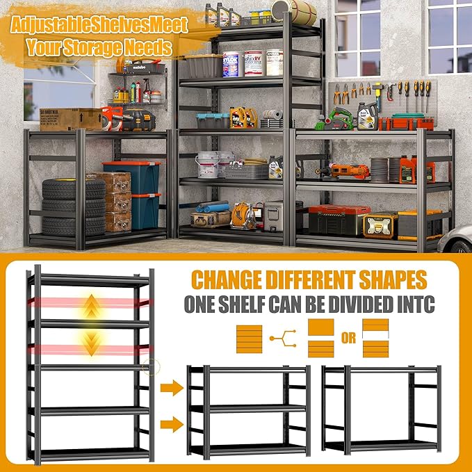 71'' Garage Storage Shelves, 5 Tier Metal Shelving Unit, Adjustable, Double-Layer Column with Reinforced Ribs, Heavy-Duty, Capable of Bearing 3000 lbs Suitable for Garage, Warehouse, Kitchen Storage