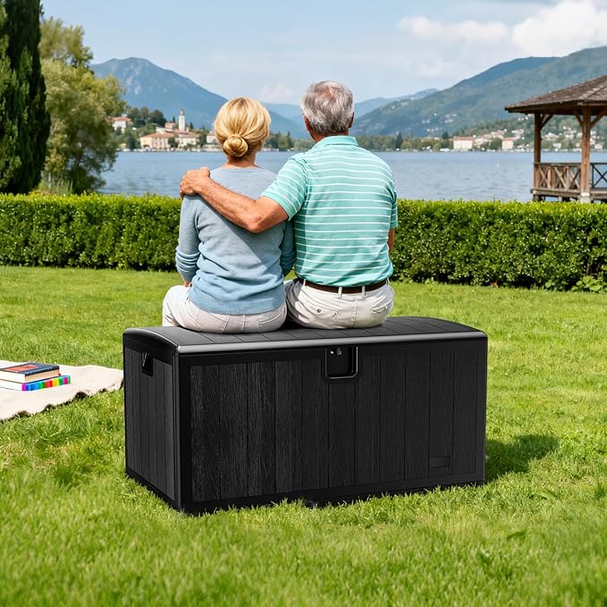 JEKO&JEKO 130 Gallon Outdoor Storage Box, Large Plastic Deck Box with Lockable Lid for Patio Furniture, Garden Tools, Outdoor Cushions and Shoes, Black