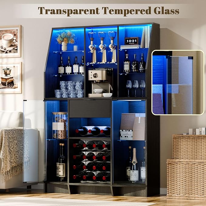 59.05" Wine Bar Cabinet W/ LED Lights & Tempered Glass Door, Home Bar Liquor Storage Cabinet With 16 Grid Wine Glass Rack & Adjustable Shelves,Coffee Cabinet with Drawer for Living Room, Dining Room