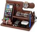TESLYAR Wood Phone Docking Station for Men - Desk or Nightstand Organizer - Birthday Gifts for Husband or Dad - Anniversary Idea from Wife - Key Holder - Stand Wallet, Watch & Essentials (Chestnut)