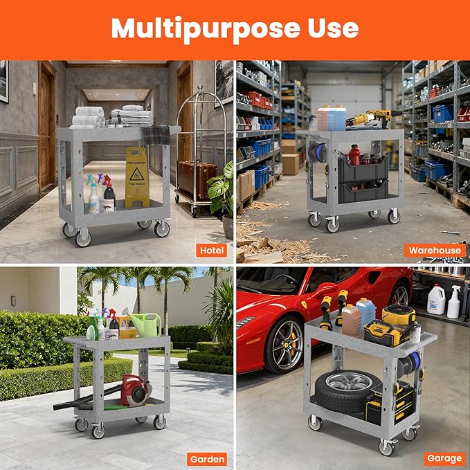 2 Tier Plastic Rolling Utility Cart on Wheels, Heavy Duty Tool Cart with Deep Shelves and 360° Swivel Wheels Holds up to 550 lbs, Service Cart for Garage, Warehouse, Cleaning (Gray-34in)