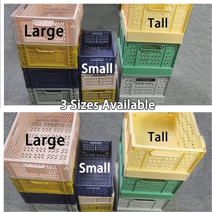 Domiella 2-Pack Crates for Storage, Storage Crates Plastic Stackable, Foldable Crate for Office Home Kitchen Bedroom Bathroom (Small, Golden Yellow)