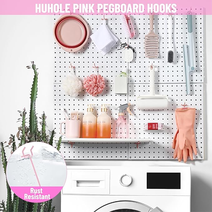 HUHOLE Pegboard Hooks 6 Inch 50PC, Pink Peg Board Hooks, Fit 1/4" or 1/8" Pegboard, Ideal Peg Board Organizer Accessories for Wall Display, Crafts Organization, Kitchen Organizer(Pink, 6 Inch)